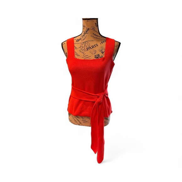Anthropologie Bright Coral Knit Square Neck Harloe Front Tie Belted Tank Top - S - Picture 1 of 12